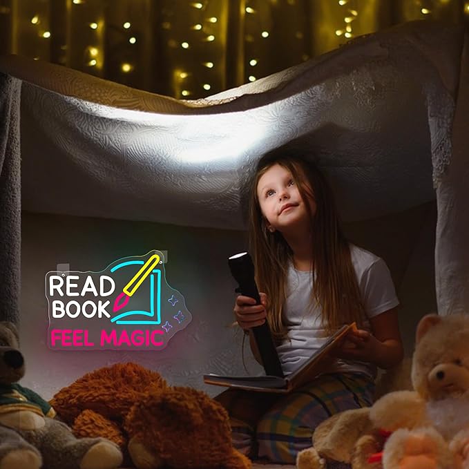 Read Book Feel Magic Neon Sign Led Pink Neon Signs for Wall Decor Colorful Neon Lights Dimmable Signs USB Light Up Sign Neon for Motivational Kids Gift Library Classroom Reading Room Bookstore Bookish Decoration