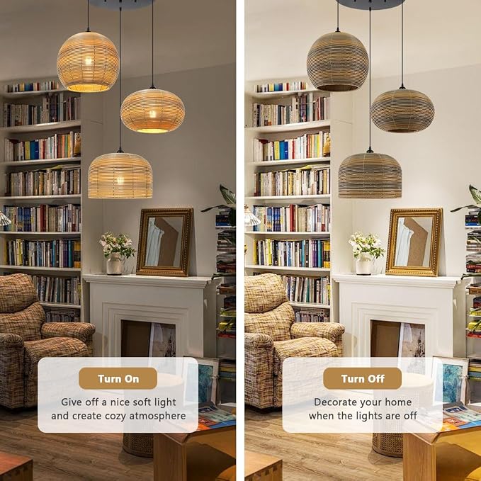 3-Light Large Wicker Chandelier Woven Ceiling Hanging Light | Cluster Rattan Pendant Light Vintage Boho Adjustable Pendant Lamp ,59" Adjustable for Dining Room Kitchen Stairwell Cabinets