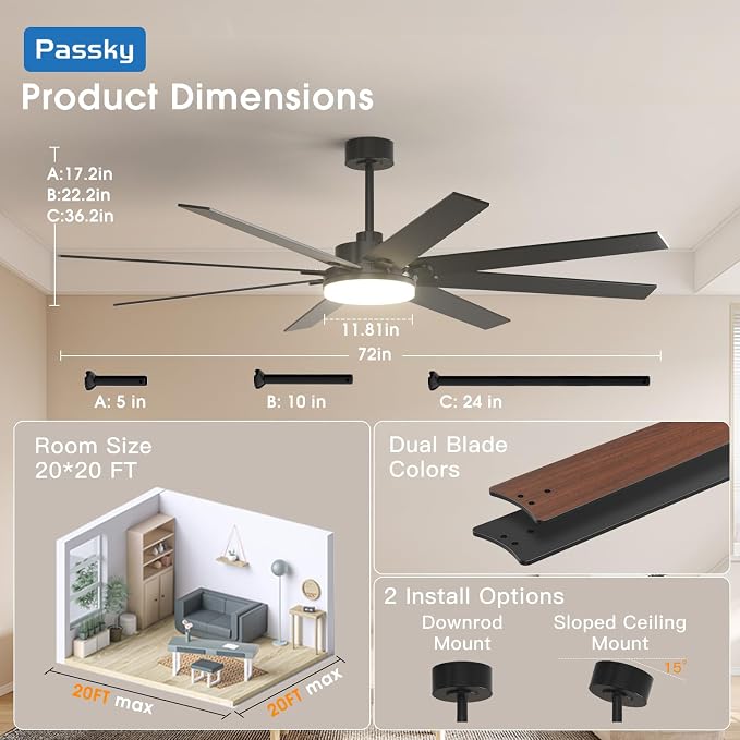72 inch Ceiling Fans with Lights, Large Modern Ceiling Fan with Light and Remote Control, Reversible, 3CCT, Dimmable, Quiet, Black Ceiling fan For Bedroom, Living Room, Patio Farmhouse, Indoor/Outdoor