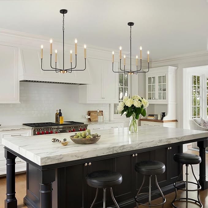 Modern Black and Gold Chandelier for Dining Room,Metal 6-Light Kitchen Light Fixtures,Farmhouse Candle Hanging Pendant Lights for Living Room Entryway Foyer Bedroom (Bulb Not Included)