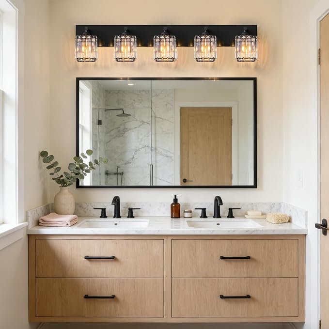 Black Crystal Bathroom Vanity Light, 5-Light Modern Bathroom Lighting Fixtures Over Mirror, Matte Black Wall Sconce Light Fixtures with Square Shade