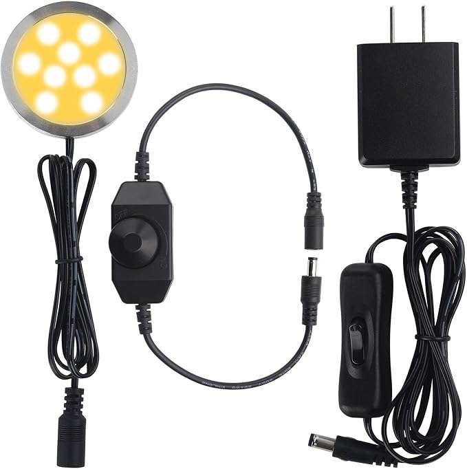 Under Cabinet LED Puck Lighting, Single Light for Hutch Bookcase Display Shelf Lighting, Rotary Dimmer Switch, 120VAC Plug in, Black Cord, Warm White