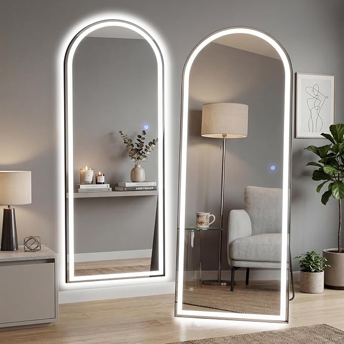 26"x71" Arched LED Full Length Mirror with Stand, Full Body Mirror | LED Lights 3 Color Lighting, Wall Hanging or Leaning, Floor Standing, Modern Simple Home Wall Decor