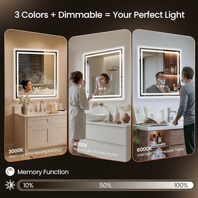 48x48 LED Bathroom Mirror with Anti-Fog, Backlit & Front Lit, Memory | Stepless Dimmable 3 Color CRI 95+ Shatterproof Tempered Glass ETL Listed for Safety Lighted Bathroom Vanity Mirror for Wall