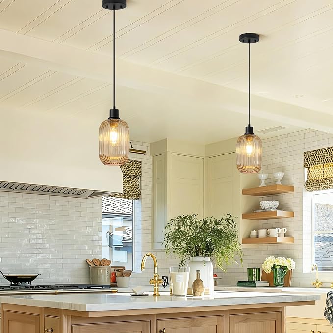 2 Pack Pendant Lights with Vintage Amber Ribbed Glass Lampshade, Adjustable Matte Black Pendant Lights Fixtures for Kitchen Island Lighting Sink, Dining & Living Room Hallway (Bulbs Not Included)