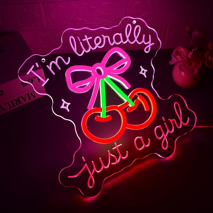 I'm Literally Just A Girl Neon Sign for Wall Decor Dimmable Pink Cherry Neon Light for Man Cave LED Light Sign for Aesthetic Teen Girls Bedroom Dorm Romantic Birthday Gifts Size11.8 * 11.8In(WZA015)