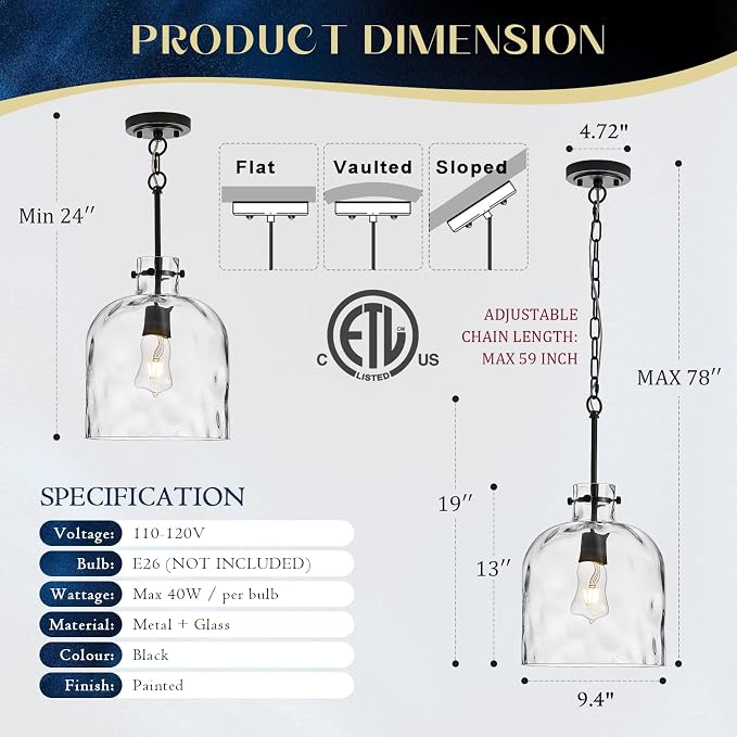 Modern Black Glass Pendant Light – 10-Inch Wide Single Dome Light Fixture, 1-Light E26 Ceiling Hanging Lamp for Kitchen Island, Dining Room, Hallway