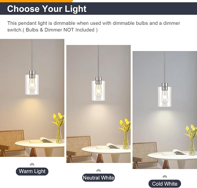 Modern Farmhouse Brushed Nickel Pendant Lights, Mini Hanging Light Fixture with Clear Glass Shade, Adjustable Rods for Kitchen Island, Sink, Bar (1 Pack)