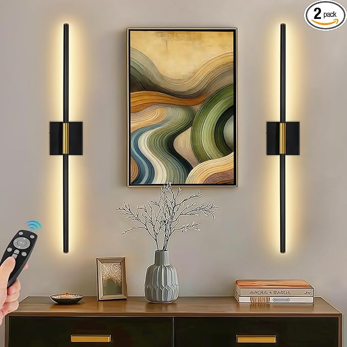 Battery Operated Wall Sconces Set of Two, Wireless Wall Sconces 31.5 Inch | Rechargeable, Remote Control, Dimmable, 360°Rotate, Cordless Wall Light Decor for Living Room, Hallway, Timing, Black Gold