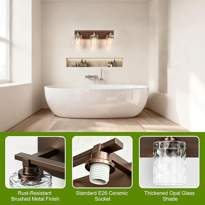 Modern Bathroom Lighting Fixtures Over Mirror, Vanity Lights for Bathroom, Wall Sconces with Clear Glass Shades, E26 Ceramic Socket, 3-Light 19.7-inch Oil-Rubbed