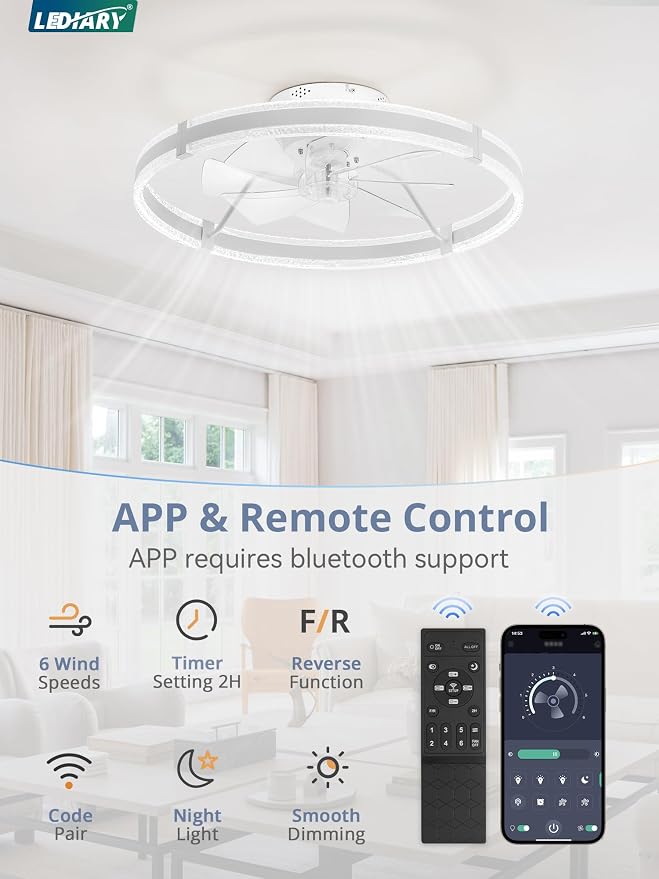 LEDIARY 24'' Modern Low Profile Ceiling Fans with Lights and Remote, White | 3000-6000K Dimmable LED, 6 Wind Speeds, Quiet Reversible DC Motor, Small Flush Mount Fandelier for Bedroom, Living Room