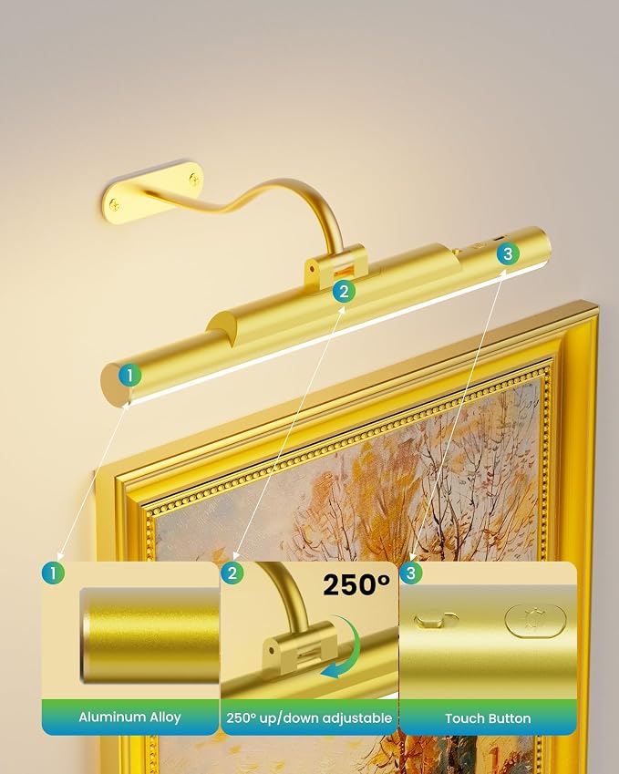 Picture Light for Wall Battery Powered Wireless 13in Gold | 4400mAh Rechargeable,CRI 95+ Dimmable,3 CCT Remote Wall Sconce, 250° Rotatable, Art Light for Paintings Photos Dartboard