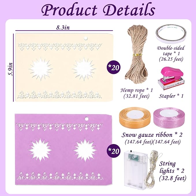 20 Pcs DIY Princess Hanging Lanterns with String Light and Ribbon | Thick Paper Sun Cutout Pattern, Girls Birthday Party Decor, Provide Tools, 10 Yellow+10 Purple, Batteries Not Included