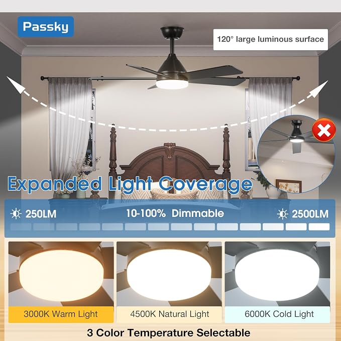 Passky 42 Inch Black Sleek Ceiling Fans with Lights, Remote Control | 3-color dimmable light, quiet reversible DC motor, easy install, memory, Timer, bedroom, covered outdoor areas