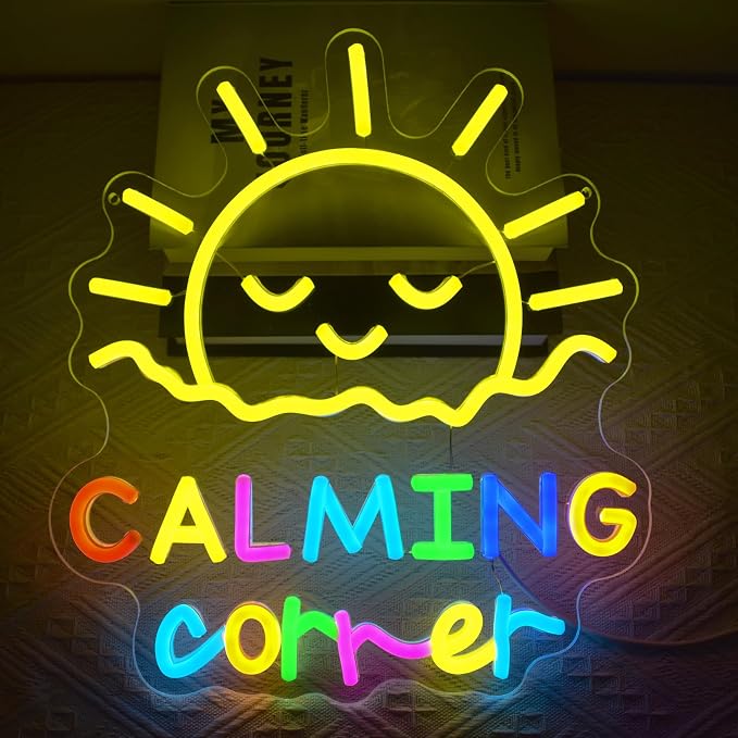 Calming Corner Neon Sign Sun Calm Down Led Neon Light for Wall Decor, Dimmable Colorfu Signs for Library Classroom School Office Nursery Decoration, USB Powered 13.8"x12.2"