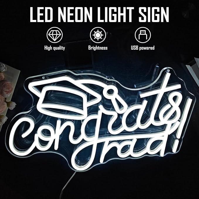 Congrats Grad Neon Sign with Graduation Cap Dimmable Congrats Led Light Up Sign for Class of 2025 Congrats Grad Sign for Backdrop Graduation Party Room Celebration Gifts