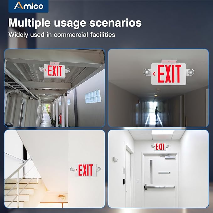 Amico 12 Pack Red Exit Sign with Multi-Angle LED Emergency Lights | ETL Listed, Wall & Ceiling Dual Mount, Hard Wired 120/277V AC, 90 Min Backup, 94V-0 Fire Resistant Plastic Housing