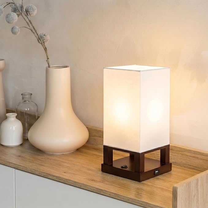 Brightech Maxwell Bedside Lamp with USB Port – Compact Table Lamp for Bedroom, Living Room - Modern Asian Nightstand Lamp with Wood Frame - LED Bulb, Soft Light - Havana Brown