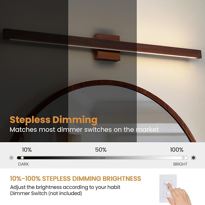 Modern Bathroom Light Fixtures Over Mirror, 39 Inch Brown Wood Finish Vanity Light Bar 30W Dimmable 5CCT LED Vanity Lights for Bathroom Wall Lighting Fixtures Over Mirror