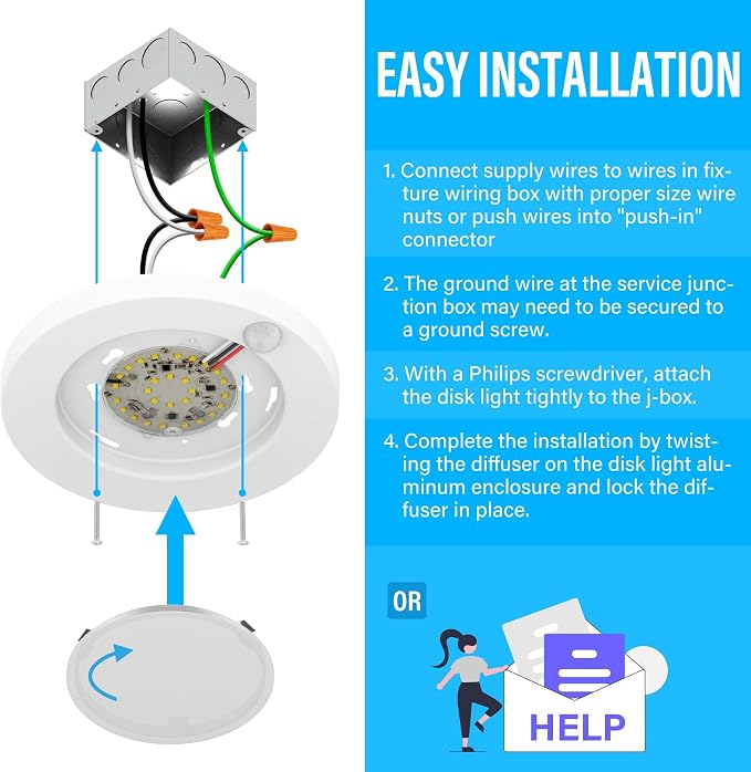 ZAGO LED 6" 120 Volts Closet Light Wired, PIR Motion Sensor Ceiling Disc Light, 15W, 1100 Lumens, CRI>80, 5000K Daylight White for Closet, Laundry, Garage, Pantry, Wet Location, ETL, White, 4 Packs