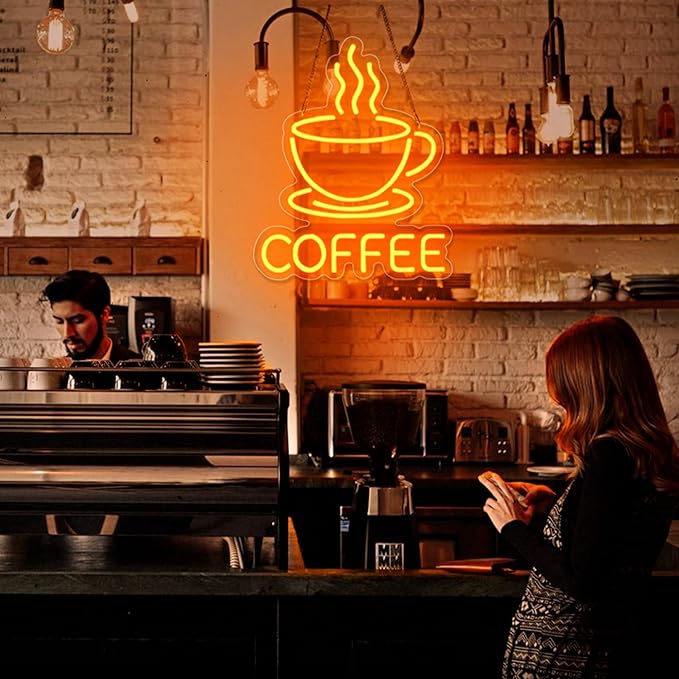 Coffee Neon Sign for Wall Decor Dimmable Modern Led Sign for Cafe Shop, USB Powered Coffee Cup Neon Signs Light Up for Cafe Station Accessories Art Decor Party Decorations(15.7 * 12.8inches)