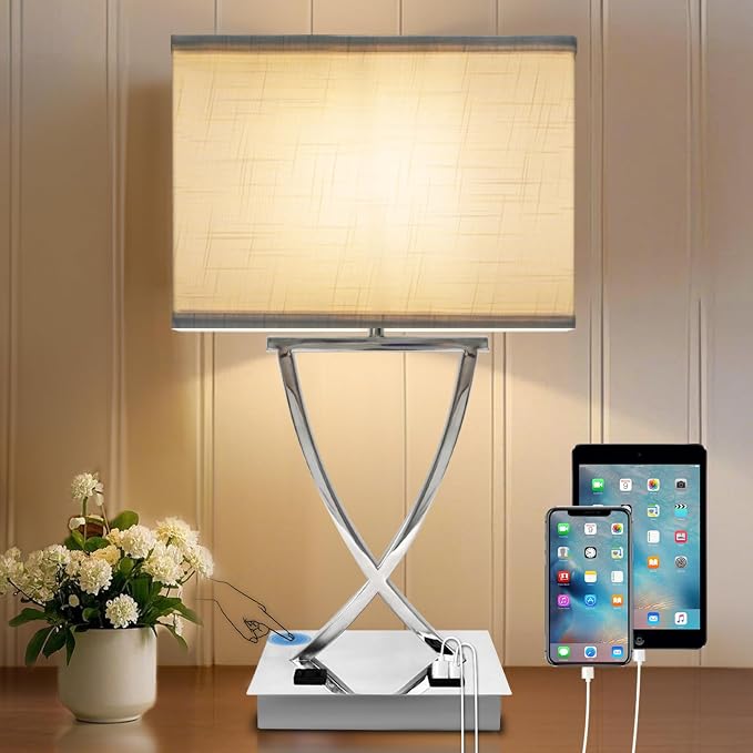 OYedis 21.38" Table Lamp for Bedroom Living Room 3-Way Dimmable Touch Control Medium Chrome Bedside lamp with USB A+C Ports，Nightstand Lamp with White Linen Shade Bulb Included (White-Chrome)