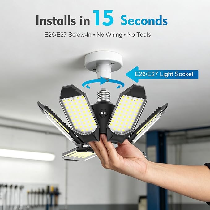 TANBABY 260W Motion Sensor Garage Lights with Remote Control, 30000LM, E26 | 3 modes ON/OFF/AUTO, 60/180/270s timer, E26 screw-in, 6 adjustable panels, 6500K for garage shop basement workbench lighting
