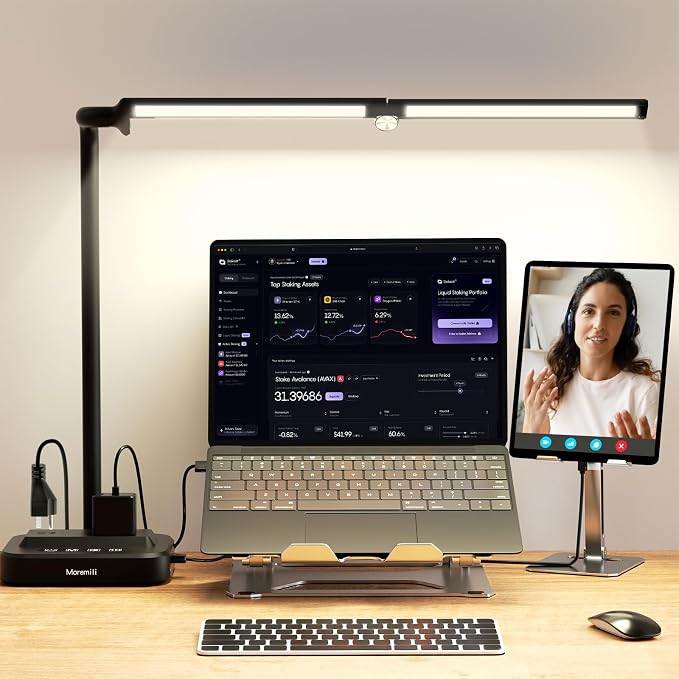 LED Desk Lamp for Home Office: Desk Light Double Head Adjustable with Power Strip 2 AC Outlets, USB-C USB-A Charging Ports Surge Protection, Foldable Table Lamp for College Dorm Room Essentials