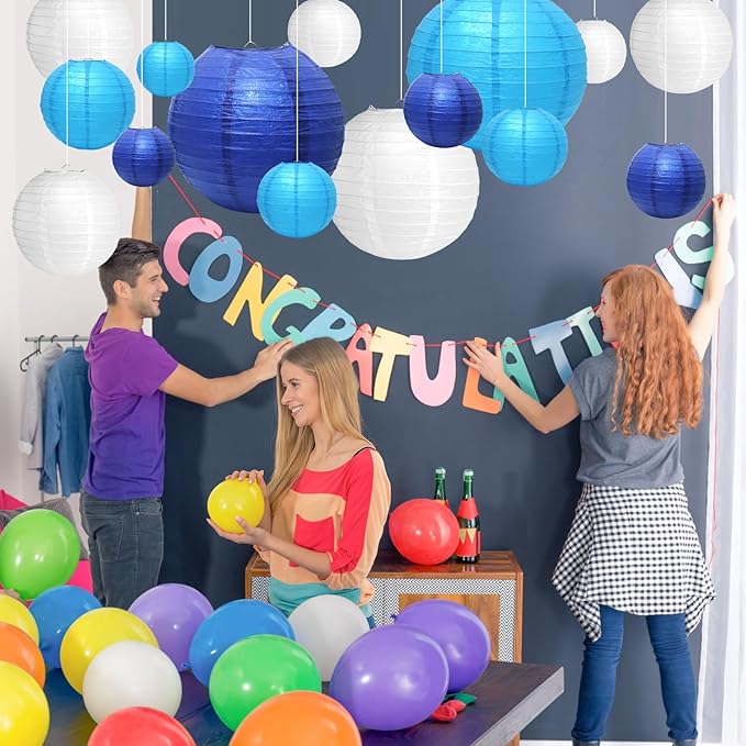 21 Pcs Blue Paper Lanterns Party Decorations, 4/6/8/10 Inch Round Chinese Hanging Paper Lanterns for Wedding, Birthday, Baby Shower, Graduation, Classroom Ceiling Decorations Indoor Outdoor