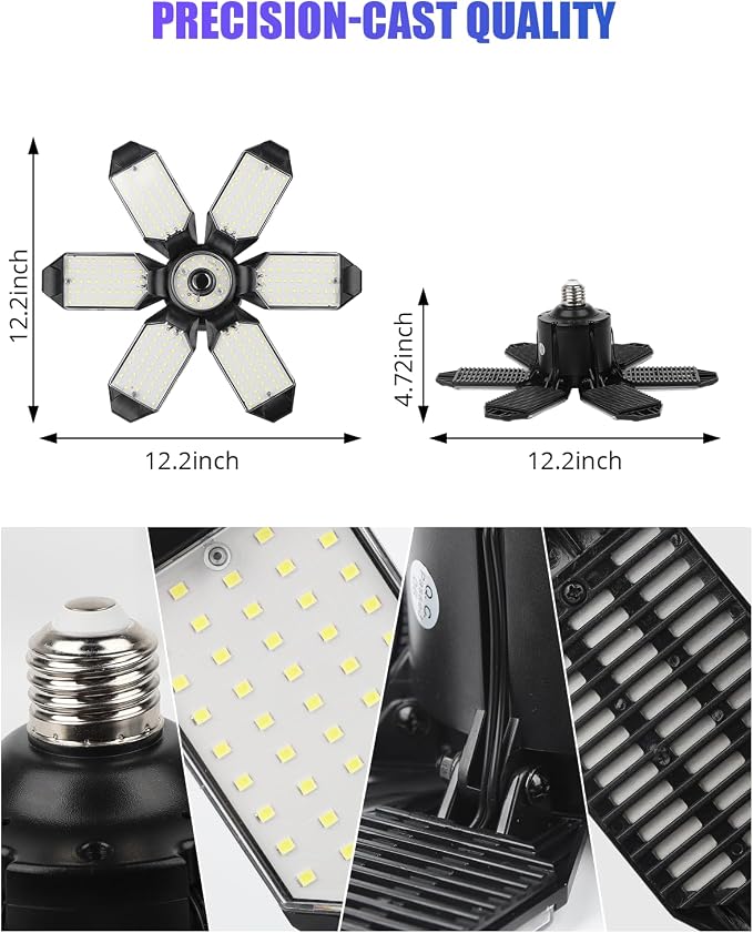 Tudoccy LED Garage Lights 2 Pack, 34000LM 6-Panel Shop Light | 6500K daylight E26/E27 screw-in bulb for workshop, basement, warehouse, attic ceiling fixture