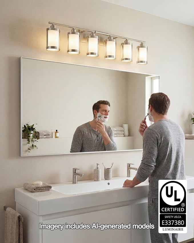 6-Light Brushed Nickel Bathroom Light Fixtures Over Mirror with Frosted Milk Glass and Metal Cage Shade, 42" UL-Listed Modern Farmhouse Wall Sconce for Bath, Hardwire E26, OS-3014BNW-6W