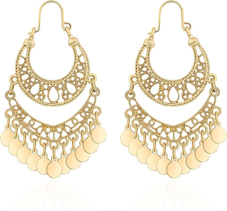 18K Gold Plated Filigree Dangling Large Gold Plated Chandelier Earrings for Women Indian Jewelry for Women Gifts