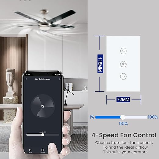 Smart Fan Switch Single Gang 2.4GHz Wi-Fi Touch Switch, Neutral Wire Required,Work with Smart Life/Tuya App and Alexa,Tempered Glass Panel,White