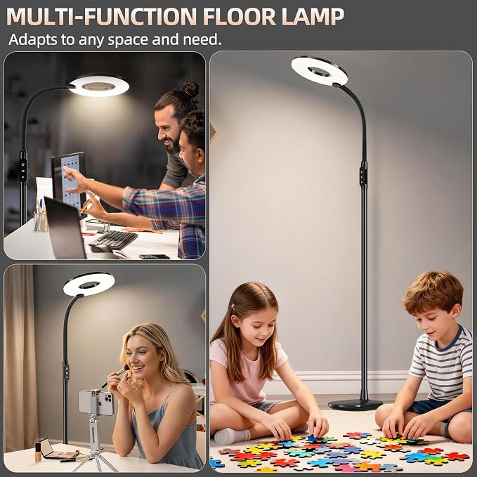 70'' Bright LED Floor Lamp Floor Lamps for Living Room, Office,Black | Dimmable & 3 Color Temperature, Touch Control Standing Tall Lamp, Gooseneck Floor Light for Sewing, Craft, Bedroom, Corner