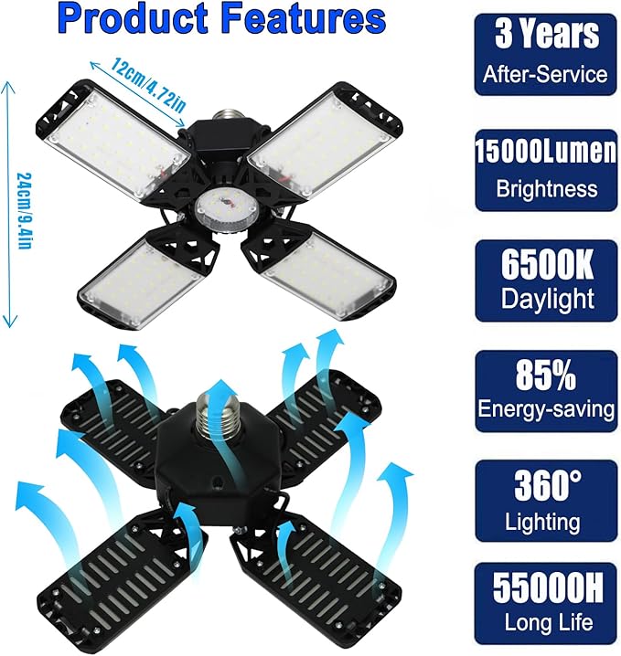 150W LED Garage Light - 15000 Lumen Ceiling Light with 4+1 Adjustable Panels, Daylight LED Shop Light Bulb Fixture for Garage, Workshop