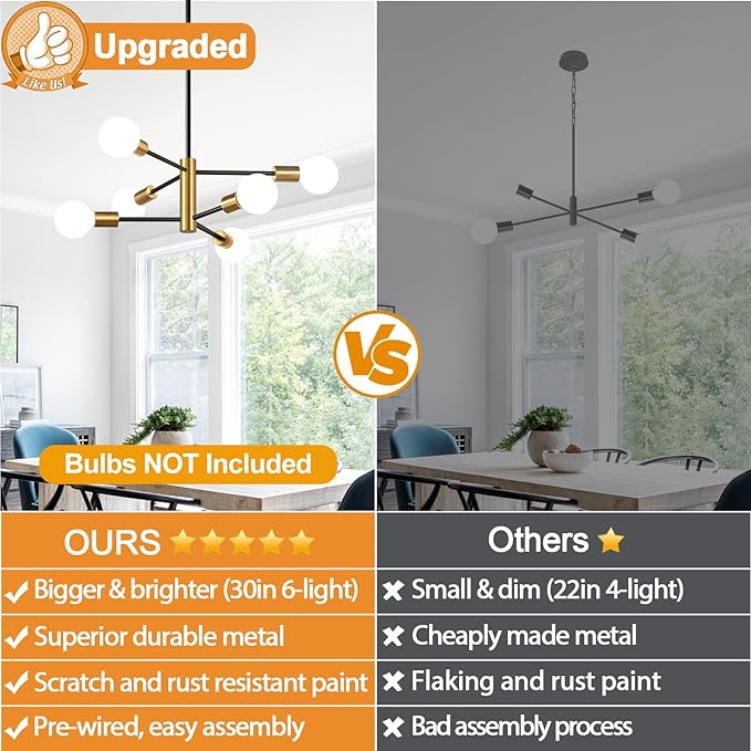 30" Chandelier Dining Room Light Fixture, 6-Light Modern Sputnik Chandeliers Brushed Gold and Black Mid Century Chandelier Over Table, Height Adjustable Chandeliers for Dining Room Living Room Kitchen