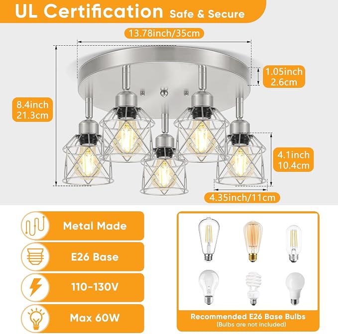 Baocuz 5-Light Kitchen Light Fixtures, Silver Adjustable Semi Flush Mount Ceiling Light with E26 Base, Multi-Directional Track Ceiling Lighting for Hallway, Dining Room, Entryway