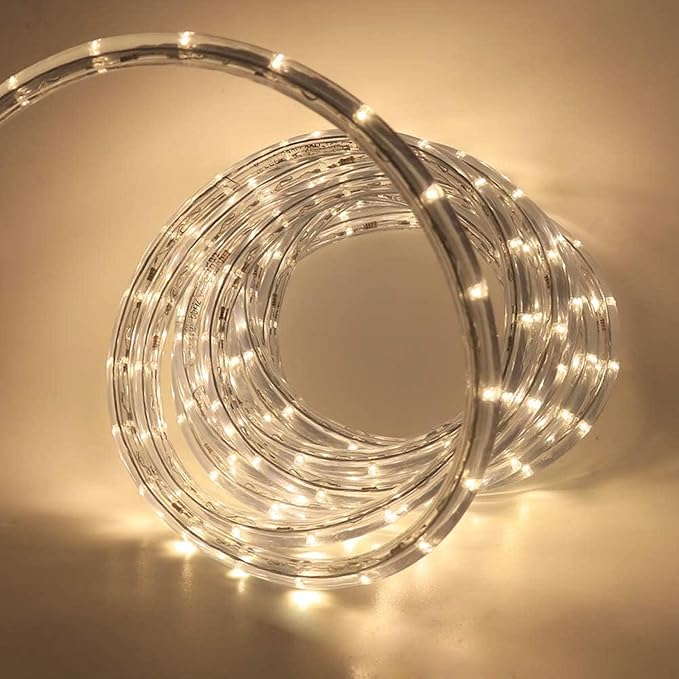 23ft 2-Wire Waterproof 1/2" LED Rope Light Kit, 110V-120V PVC 30 LED/M Tube Lights Strip for Background, Outdoor, Christmas, Home Decoration(Warm White)