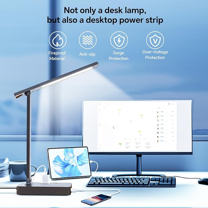 Desk Lamp with USB Charging Port: Power Strip with Surge Protection - 1 Type-C, 1 USB-A Charging Port, 2 AC Power Outlets, Desk Lamps for Home Office College Dorm Room Essentials