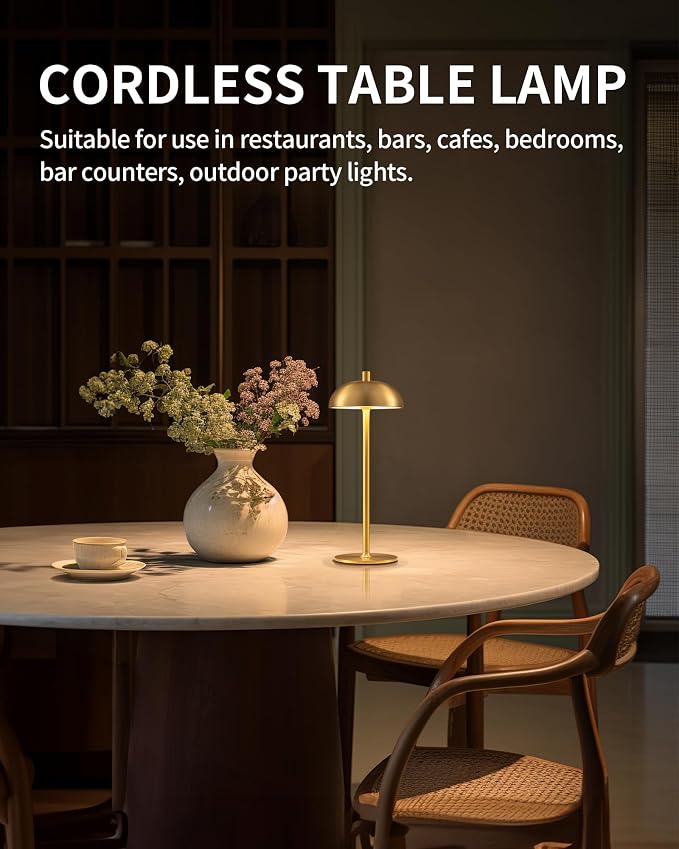 12" Cordless Table Lamps Set of 2, Gold Modern Portable Desk Lamp | LED, 3 Color Dimming, Rechargeable, Battery Operated Lights for Bedroom, Outdoor, Restaurant, Bedside, Night Light, Gifts
