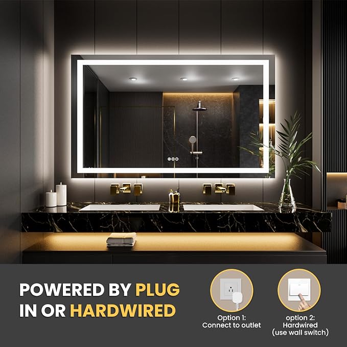 LOAAO 60"X32" LED Bathroom Mirror with Lights | Anti-Fog, Dimmable, 3 Color Temperature, Backlit + Front Lit, Memory Function, Tempered Glass, UL Listed