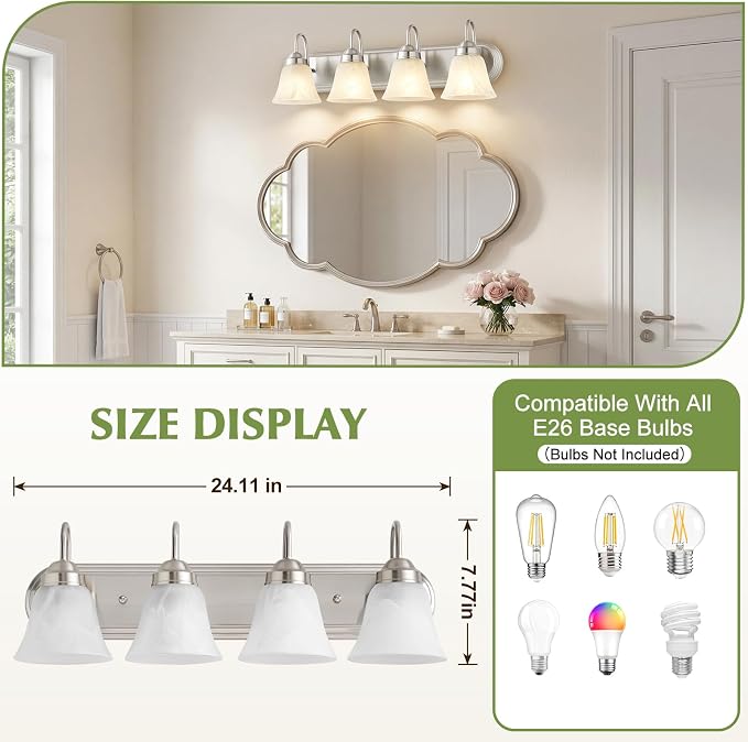 EJIAXIN 4-Light Brushed Nickel Vanity Light for Bathroom, Modern Bathroom Lighting Fixtures Over Mirror with Clear Glass Shade,Bathroom Vanity Light for Mirror Living Room Cabinet