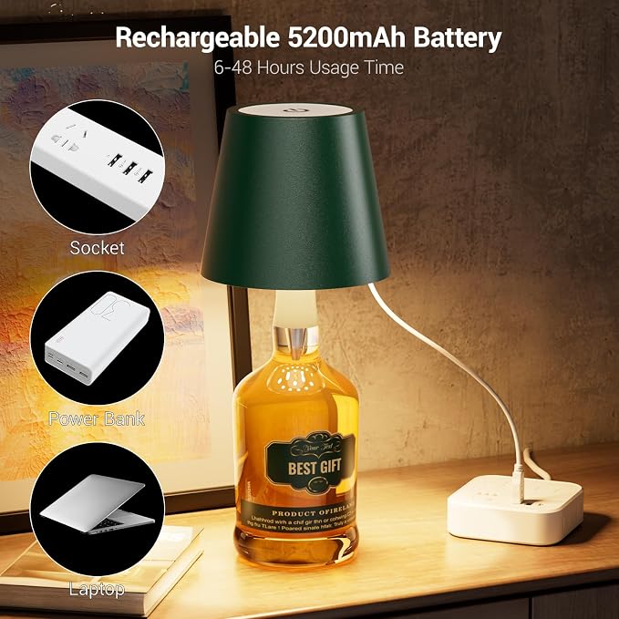 2 Pack Wireless Bottle Lamp 3 Color and Stepless Dimming LED Wine Bottle Lamp Shade with Stopper, Rechargeable Touch Wine Bottle Lights for Liquor Bottle Bars Restaurants-Gold
