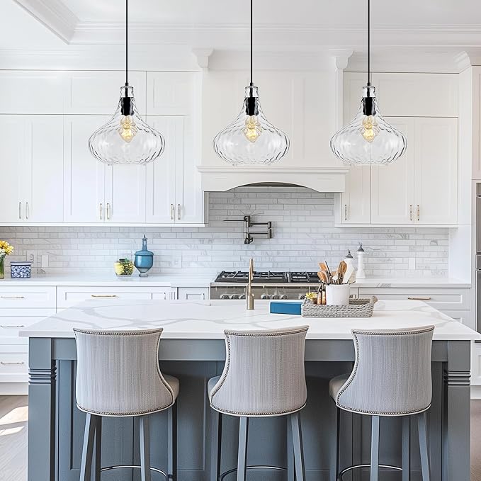11 Inch Hammered Glass Pendant Light Black Farmhouse Ceiling Lamp | Diffuse soft lighting, adjustable hanging cord, E26 base, perfect decorative fixture over sink kitchen island & dining space