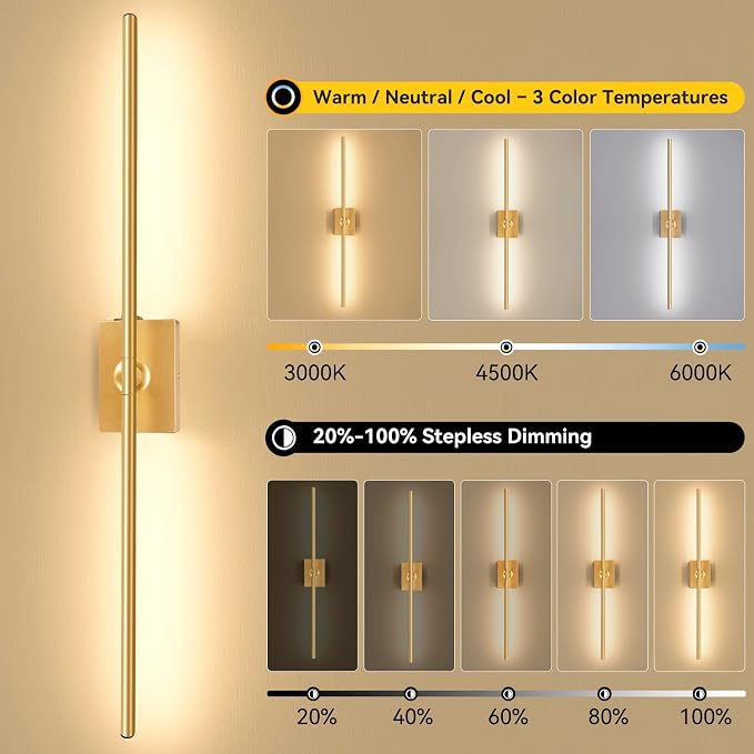 Battery Operated Wall Sconces Set of 2, 10000mAh Wireless Rechargeable 3000-6000K Dimmable 350° Rotate Wall Light with Remote for Living Room, Bedroom 23.6in Gold