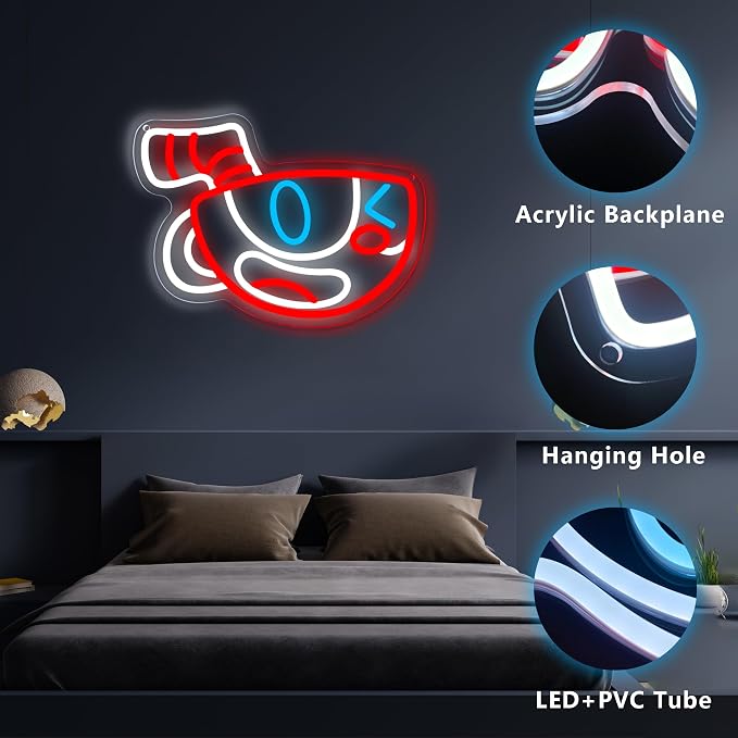 Cuphead Anime Neon Signs for Wall Decor,Dimmable Figure Mugman Game Sign,USB Powered Neon Light Signs for Man Cave Kids Room Bedroom Bar Birthday Gifts(13.4 * 8.7in)