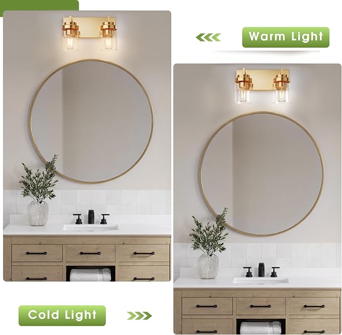 Bathroom Vanity Fixtures, 2 Light Matte Gold Vanity Light with Clear Glass Shade, 15in Farmhouse wall Light, Lighting Fixture Over Mirror for Bathroom