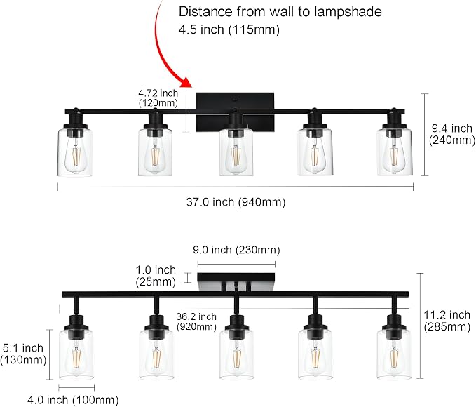 MELUCEE 5 Light Vanity Lights for Bathroom with Rotatable Light Head | Black Ceiling Light Fixture with Clear Glass Shade, Modern Spotlight Track Lighting Kit for Hallway Porch Foyer Bath, 37 Inch