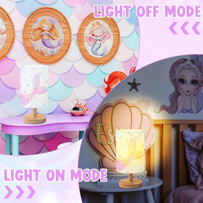 Mermaid Table Lamp for Kids Bedroom - Mermaid Tail Pastel Kids Bedside Lamp with Linen Wooden Nightstand Nursery Lampshade for Girls Room Decor