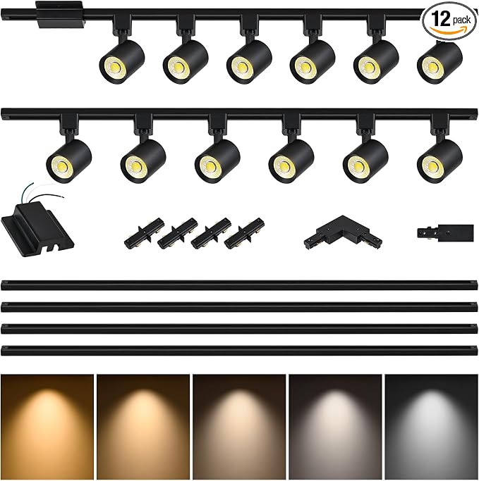 5 Color 12-Light Track Lighting Kit with 13FT H Track Rail, Black | 10W Dimmable LED Track Lighting Fixtures Ceiling Spotlight 800LM, CRI90, Floating Canopy Connector Included for Installation